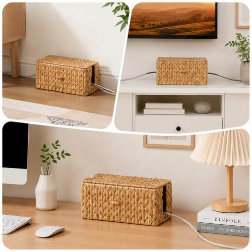 2 Pack Rattan Cable Management Box with Lid & 2 Side Open Slots