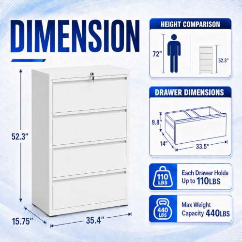 4 Drawer File Cabinet with Lock, Metal File Cabinet, White - color: White, size: 52.3"H - 4 Drawer
