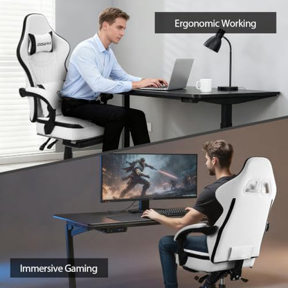 Dowinx Gaming Chair Breathable PU Leather Gamer Chair with Footrest Massage Lumbar Support, Big and Tall Ergonomic Reclining Computer Chair with Pocket Spring Cushion for Adults Teens (Black&White) - color: Black&white