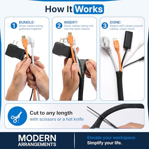 Cable Management Sleeve & Cord Organizer for Desks - Wire Management Cover to Wrap & Protect Messy Cables for Computers, TV & Electronics - 10 ft x 0.5"