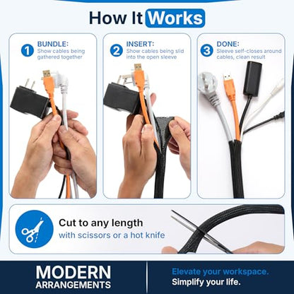 Cable Management Sleeve & Cord Organizer for Desks - Wire Management Cover to Wrap & Protect Messy Cables for Computers, TV & Electronics - 10 ft x 0.5"