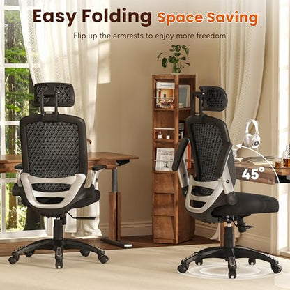 GABRYLLY Ergonomic Office Chair, High Back Home Desk Chair with Flip-Up Arms, 3D Headrest, Thick Sponge Seat &90-120° Recline, Big and Tall Mesh Executive Chairs for Man Woman, Midnight-Cloud - color: Midnight Cloud