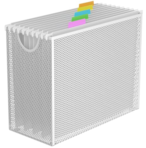 Letter-Size Hanging File Organizer (White, with 5 Grey Folders) | File Holder Filing Box for Desk, Metal Mesh Desk File Folder Storage for Office(No Assembly Required) - color: White, With 5 Grey Folders