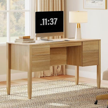 WAMPAT Fluted Executive Desk with Drawers, 58" Modern Home Office Computer Desk with Charging Station, Storage Shelves, Wood Writing Study Desk for Work, Study, Writing, Oak - color: Oak