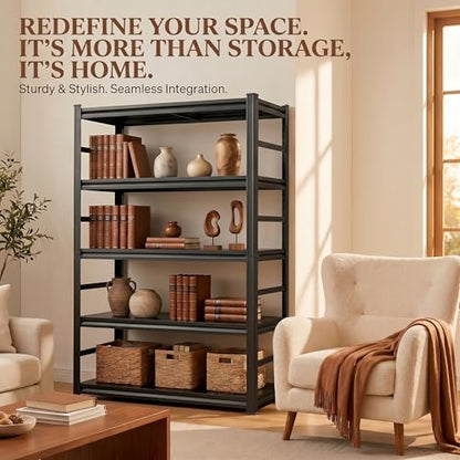 5 Tier Metal Book Shelf, Adjustable Tall Bookcase with Anti-Drop Fence | 72"H Heavy Duty 3000LBS Modern Deep Bookshelf, Bolt-Free Storage Shelves for Living Room, Home Office, Garage - size: Upgraded-36"W x 16"D x 72"H
