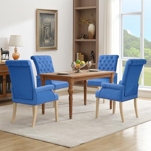LOULENS Linen Dining Chair with Arms, Tufted Dining Room Chairs, Dark Blue | Solid Wood Legs, Nailhead Trim, Accent Chair, Kitchen Chair - color: Dark Blue, size: 1 PCS