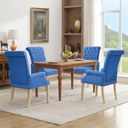 LOULENS Linen Dining Chair with Arms, Tufted Dining Room Chairs, Dark Blue | Solid Wood Legs, Nailhead Trim, Accent Chair, Kitchen Chair - color: Dark Blue, size: 1 PCS