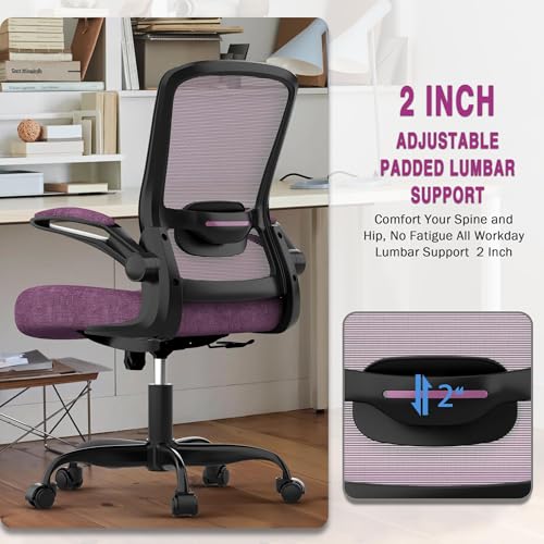 Ergonomic Office Chair w/Adjustable Lumbar, Flip Armrest, 135° Recline - color: Purple