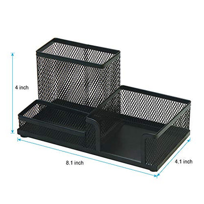 2-Piece Desk Pen & Pencil Organizer - Mesh Metal Pen Cup with Sticky Notes Holder, Black | Pen Cup - style: Square
