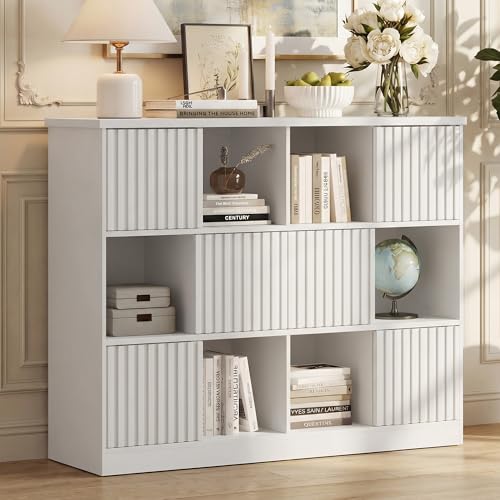 Einhomn 12 Cube Storage Organizer with Sliding Doors, Modern Fluted Bookshelf with Storage Cabinet, Wooden Bookcase with 6 Open Shelves for Living Room, Home Office, Bedroom, White - color: White, size: 12 cube
