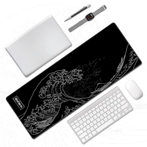 Great Wave Off Kanagawa Desk Mat,Black Gaming Mouse Pad,31.5 x 12 in | Large Extended Japanese Sea Wave Anime Mousemat,XL Minimalist E-sport Soft Micro Woven Cloth PC Keyboard Mat,80x30 cm - color: Sea Wave Y