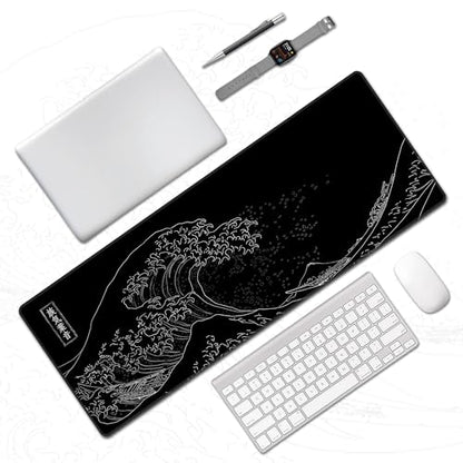 Great Wave Off Kanagawa Desk Mat,Black Gaming Mouse Pad,31.5 x 12 in | Large Extended Japanese Sea Wave Anime Mousemat,XL Minimalist E-sport Soft Micro Woven Cloth PC Keyboard Mat,80x30 cm - color: Sea Wave Y