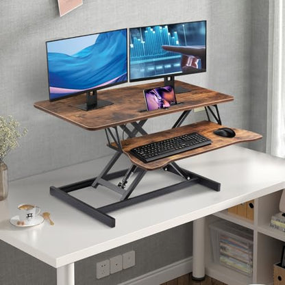 38-inch Standing Desk Converter Height Adjustable Sit to Stand Up Workstation, Duals Monitor and Laptop Riser with Wide Keyboard Tray, for Home, School, Company, Brown - color: Brown