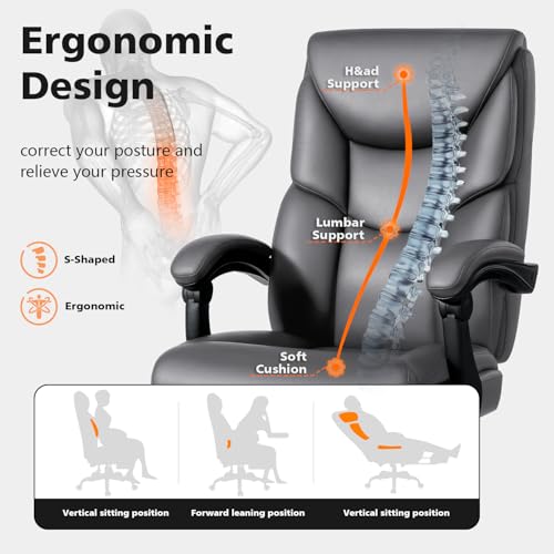 WAILOR 400lbs Office Chair with Foot Rest, Reclining Big and Tall Office Chair with Lumbar Support, High Back PU Leather Computer Chair,Comfy Desk Chair for Home Office (Gray) - color: Grey