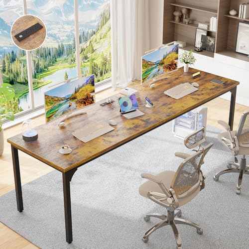 Unikito 78.7" Computer Desk with Power Outelts, Extra Long 2 Person Desk | Home Office Desk, Spacious Desktop, Large Simple Desk, Modern Study Writing Gaming Table Workstation, Rustic Brown - color: Rustic Brown