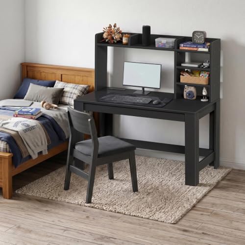WINAZ 43" Black Gaming Desk with Hutch and Built-in Power Outlet | Modern Computer Desk with 3-Tier Storage Shelves and Hutch, Space-Saving Writing Table for Home Office - color: Black