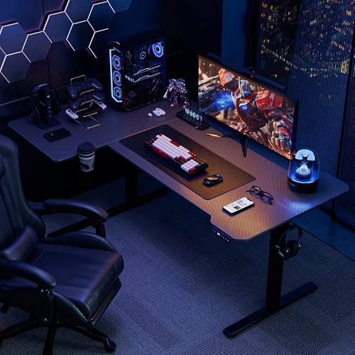 L Shaped Electric Standing Desk - 71x43.5 Inch Reversible Corner Sit Stand Desk with Hook&Cup Holder,Electric Height Adjustable Table,for Home Office Gaming&Trading Computer Desk, Black Carbon - color: Black Carbon, size: L-shaped 71 Inches