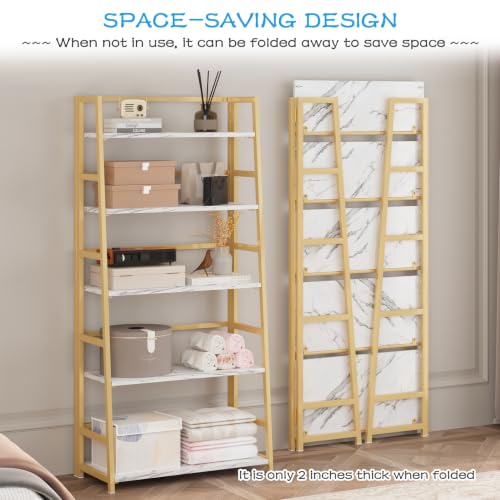 JSB 5 Tier Bookshelf, No Assembly Folding Ladder Bookshelf, 51.6in Tall Foldable Ladder Shelf, Bookcase for Home Office, Living Room,Space-Saving (White & Gold, 5 Tier) - color: White & Gold