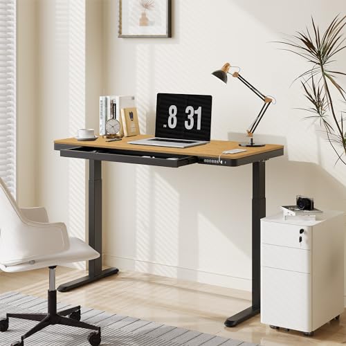 FLEXISPOT Comhar 48" Electric Standing Desk with Drawers, USB Charging Ports, Quick Assembly, Height Adjustable Sit Stand Desk with Child Lock for Natural Home Office, Bamboo Finish Top/Black Legs - size: 48"Bamboo Texture/Black