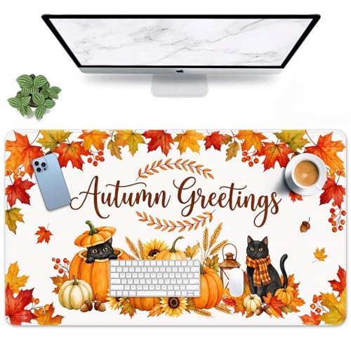 Large Mouse Pad, Mouse Pad, 31.5 x 15.7 Inch, Fall Pumpkin Cat | Autumn Leaves Non-Slip Desk Pad Keyboard and Mouse Desk Mat for Gamer, Office & Home - color: Pumpkin Cat Lantern