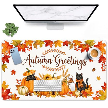 Large Mouse Pad, Mouse Pad, 31.5 x 15.7 Inch, Fall Pumpkin Cat | Autumn Leaves Non-Slip Desk Pad Keyboard and Mouse Desk Mat for Gamer, Office & Home - color: Pumpkin Cat Lantern