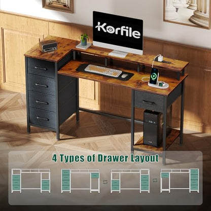 Korfile 47 Inch Computer Desk with Power Outlets,LED,5 Drawers,Rustic Brown - color: Rustic Brown, size: 47 Inch