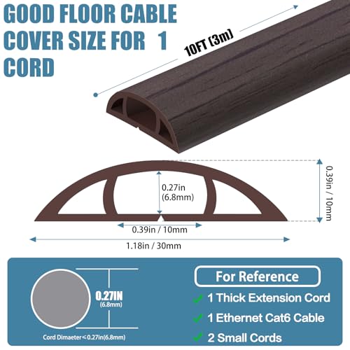 Floor Cord Covers for Wires 10FT Cable Hider Wire Cover Self Adhesive Cord Hider Floor for Offices, Homes, Workshops, Warehouses Cable Cavity 0.39" W x 0.27" H - color: Dark Walnut, size: 1.18" x 10'