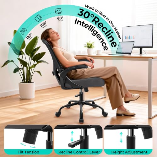 AreShark Office Chair - Ergonomic Breathable Mesh Desk Chair with Adjustable Lumbar Support and Flip-up Armrests - Executive High Back Rolling Swivel Comfortable Computer Gaming Chair for Home Office - color: Dark Gray
