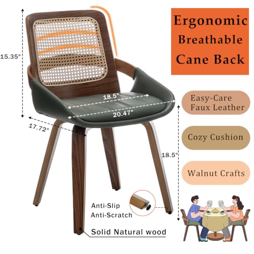 Set of 2 Kitchen & Dining Room Chairs - Green Dining Chairs with Walnut Bentwood Frame, Ergonomic Rattan Back, Curved Arms, Rattan Dining Chairs for Living Room/Reception/Kitchen/Desk (Walnut Green) - color: Walnut Green, size: Set of 2