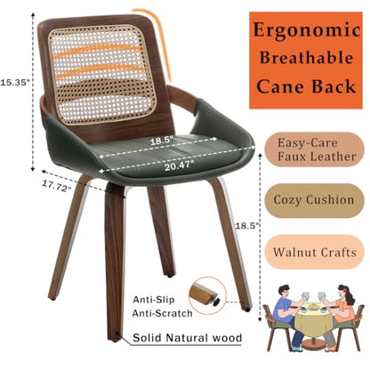 Set of 2 Kitchen & Dining Room Chairs - Green Dining Chairs with Walnut Bentwood Frame, Ergonomic Rattan Back, Curved Arms, Rattan Dining Chairs for Living Room/Reception/Kitchen/Desk (Walnut Green) - color: Walnut Green, size: Set of 2