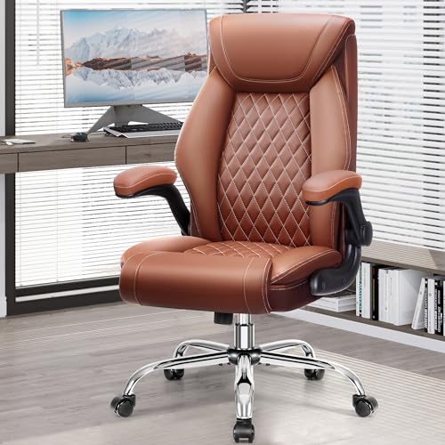 Office Chair, Ergonomic High Back Home Office Desk Chair, Big and Tall Breathable Leather Office Chair with Lumbar Support Flip-Up Armrests, Computer Chair with Rocking Function - color: Brown, style: Without Footrest
