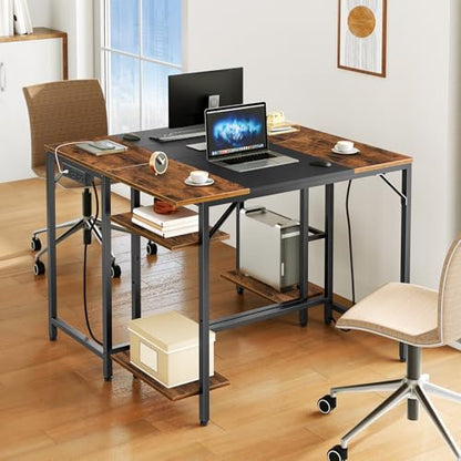 HOOBRO Small Computer Desk, 35.4 Inch Home Office Desk with Power Outlet, Writing Desk with 2 Shelves, Modern Small Desk for Home Office, Study, Easy to Assemble, Rustic Brown and Black BF43UDN01 - color: Rustic Brown + Black