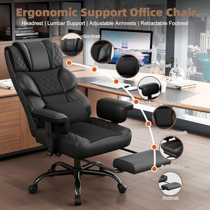 Vonesse Office Chair, Desk Chair with Soft Adjustable Armrests, Ergonomic High Back Gaming Chair with Lumbar Support, Executive Computer Chairs with Footrest (PU Leather, Black) - color: Black