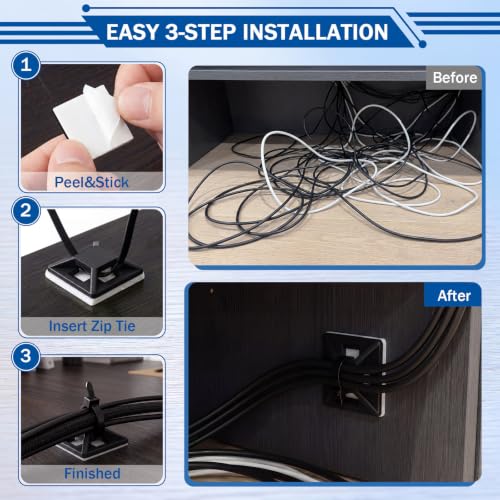 Reallnaive 300 Pcs 1/2'' Self Adhesive Cable Zip Tie Mounts for Desk, Black - color: Black, size: 1/2''