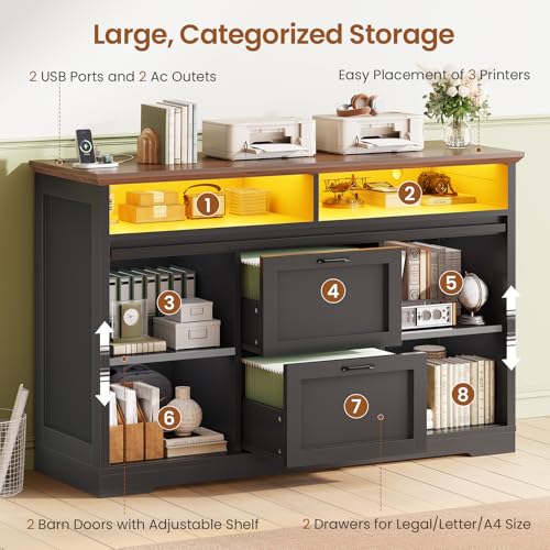 SEDETA 47.2" File Cabinet, 2 Drawers Filing Cabinets for Home Office fit Legal/Letter/A4 File, Farmhouse File Cabinet with Barn Door & Power Outlets, Printer Stand with Storage & LED Lights, Black - color: Black