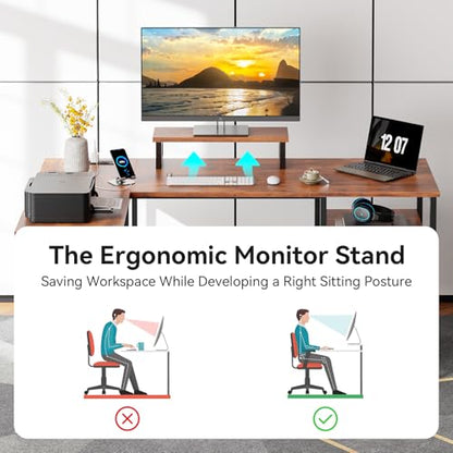 Furologee 50 Inch L Shaped Computer Desk with Power Outlet, Rustic Brown - color: Rustic Brown, size: 50 Inch