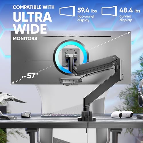ONKRON Heavy Duty Monitor Arm for 17-57 Inch Screens up to 59.4 lbs, Ultrawide Screen Mount with Adjustable Gas Spring, VESA 75x75-200x200, Single Arm Monitor Mount for Desk, Clamp & Grommet Black | Ultrawide monitor mount with 23" extension, gas spring,