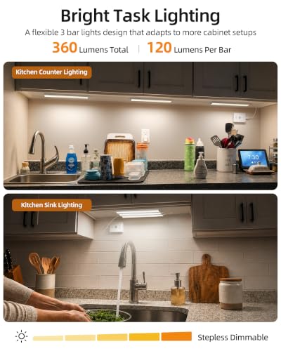 EZVALO Wireless Under Cabinet Lighting System, Ultra-Bright Task Lighting | 360LM, Motion Sensor, 5000mAh Rechargeable Switch Controller, 3Pcs x12 Inch, Dimmable, 3 Color Temps, 4 Work Modes