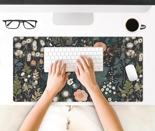 Dark Flower Desk Mat Floral Plants Mouse Pad Boho Aesthetic Wildflowers Large Gaming Mousepad Desk Pad, XXL Keyboard Mouse Mat Full Desktop Mat Women Office Desk Accessories 31.5"x15.7" - color: A5- Dark Flowers