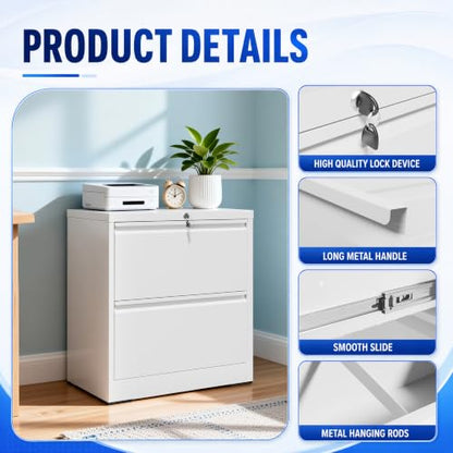 2 Drawer File Cabinet with Lock, 26.8" W Lateral Filing Cabinet - color: White, size: 26.8"W - 2 Drawer