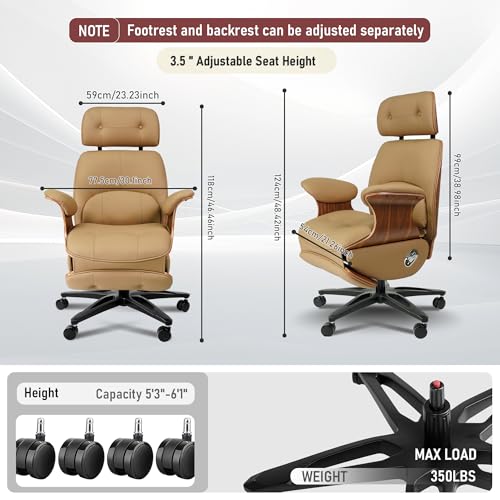 Ergonomic Leather Office Chair,Electric Recline/Footrest/Massage | 90-135° recline, footrest, 3-level massage, S-curve support, fits 5'3-6'1, solid wood, all-day comfort for home office,brown - color: Brown