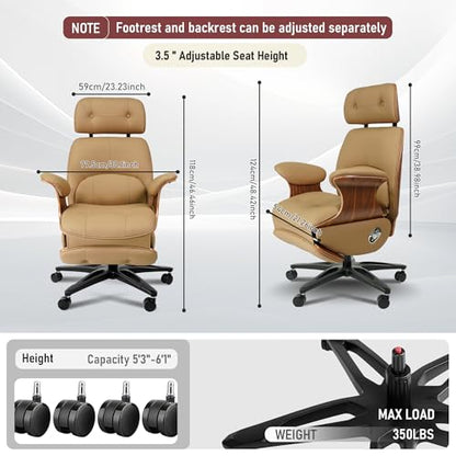 Ergonomic Leather Office Chair,Electric Recline/Footrest/Massage | 90-135° recline, footrest, 3-level massage, S-curve support, fits 5'3-6'1, solid wood, all-day comfort for home office,brown - color: Brown