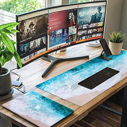 iCasso Extended Gaming Mouse Pad,35.4 x 15.7in Desk Pad,Beach | Non-Slip Rubber Base Mousepad with Stitched Edges,Waterproof Keyboard Mouse Mat for Work Home Game Office - color: Beach