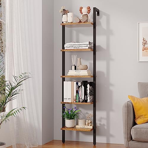YMYNY 5 Tiers Ladder Bookcase, Industrial Wall Mounted Bookshelf, Open Display Rack with Metal Frame, Wooden Storage Shelves for Bedroom, Home Office, Plant Stand, Rustic Brown, 70*17.3*11.8"UHBC015H - color: Rustic Brown