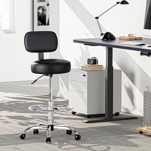 SUPERJARE Drafting Chair with Backrest, Adjustable Foot Rest Rolling Stool | Multi-Purpose Shop Stool, Drafting Stool, Office Desk Chair, Bar Stools with Thick Seat Cushion for Home Bar Kitchen, Black - color: Black