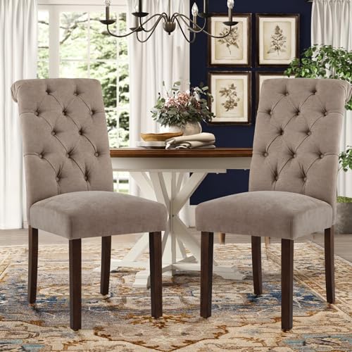 COLAMY Button Tufted Dining Chairs Set of 2, Parsons Upholstered Fabric Dining Room Chair Kitchen Chairs with Wood Legs and Padded Seat, Taupe - color: Taupe, size: set of 2