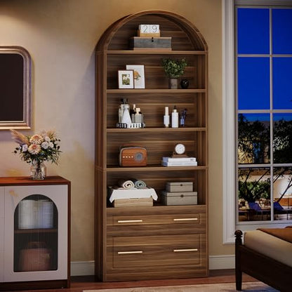 Tribesigns 76.8" Tall Arched Bookcase with File Cabinet Drawer, Brown - color: Walnut Brown