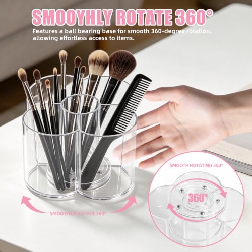 Acrylic Makeup Brush Holder, Clear Rotating Makeup Brush Holder Organizer, 5 Slot Make up Brush Stand for Vanity Desk Countertop Bathroom (Flower) - size: Flower- 6in