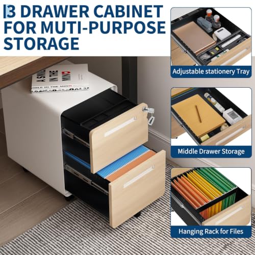 Garvee Mobile File Cabinet with Lock, 2 Drawer File Cabinet with Lock | 2 Drawer Under Desk Metal Rolling Filing Cabinets for Home Office Legal/Letter File Folders, Fully Assembled - color: Wood
