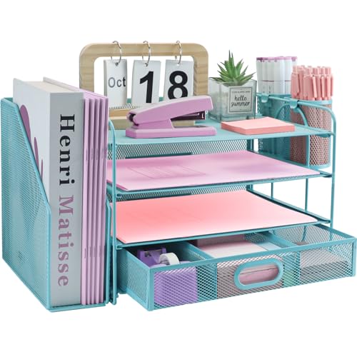 Desk Organizers and Accessories with File Holder, 4-Tier Paper Letter Tray Organiser with Drawer and 2 Pen Holder, Mesh Desktop Document Organizer for Office Supplies, Workspace - Blue - color: 4 Tier - Blue